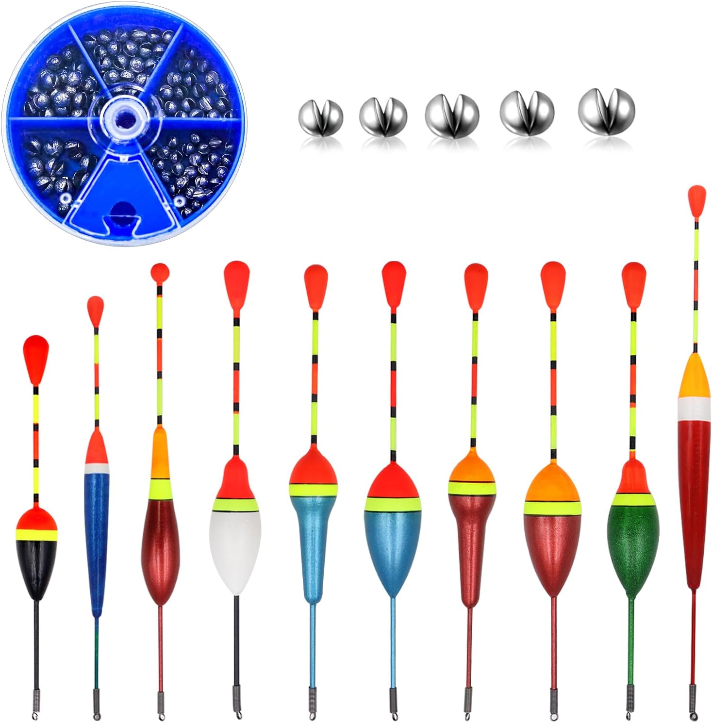 WestCH 10 Pièces Flotteur Peche au Coup Bouchon de Peche Flotteur Truite 100 Pieces Plombs de Pêche 5 Tailles Boîte Split Shot Plombs Plomb Peche Carpe Convient à la Pêche en Eau Douce et Mer