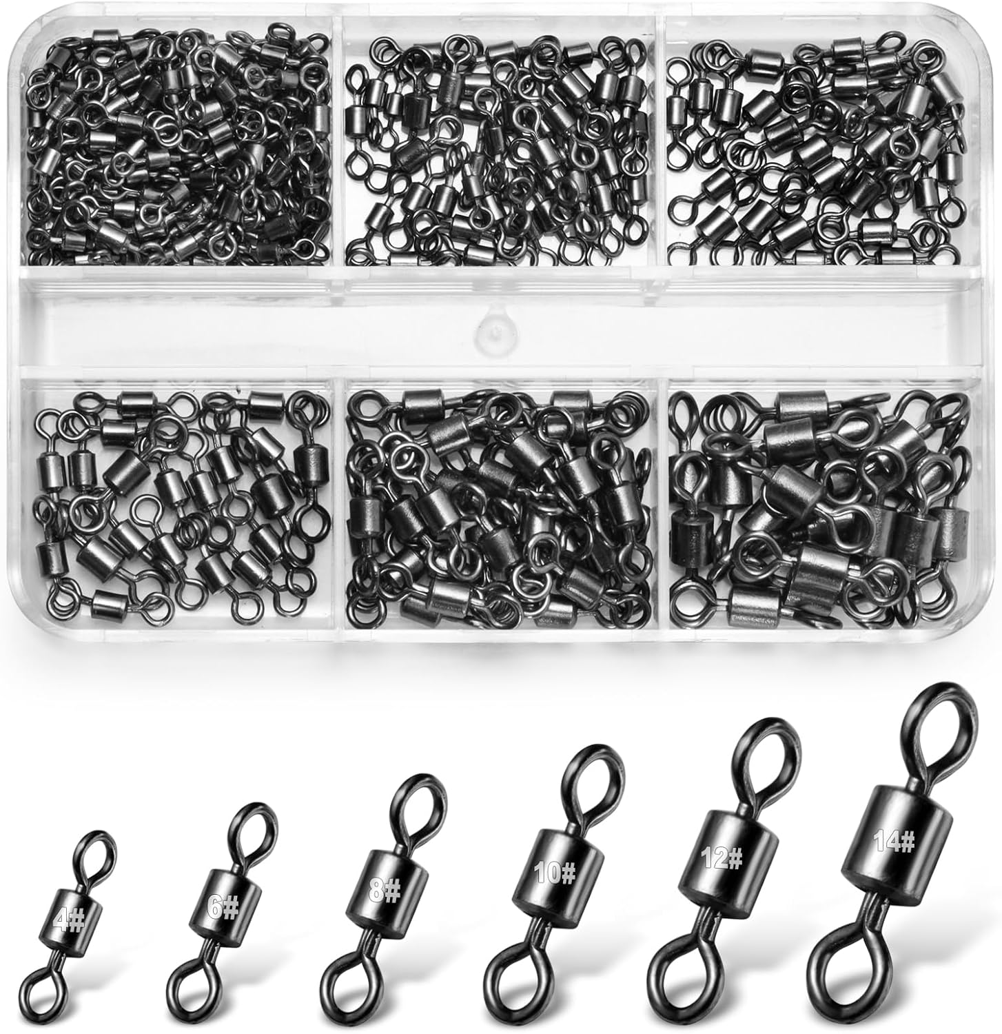 Annyswit 200/300 Pièces Swivel Connecteur 4# 6# 8# 10# 12# 14# Émerillons de Pêche Haute Emerillon Peche Émerillon Solide Anneaux Émerillons à Grande pour Éviter l'Enchevêtrement des Lignes