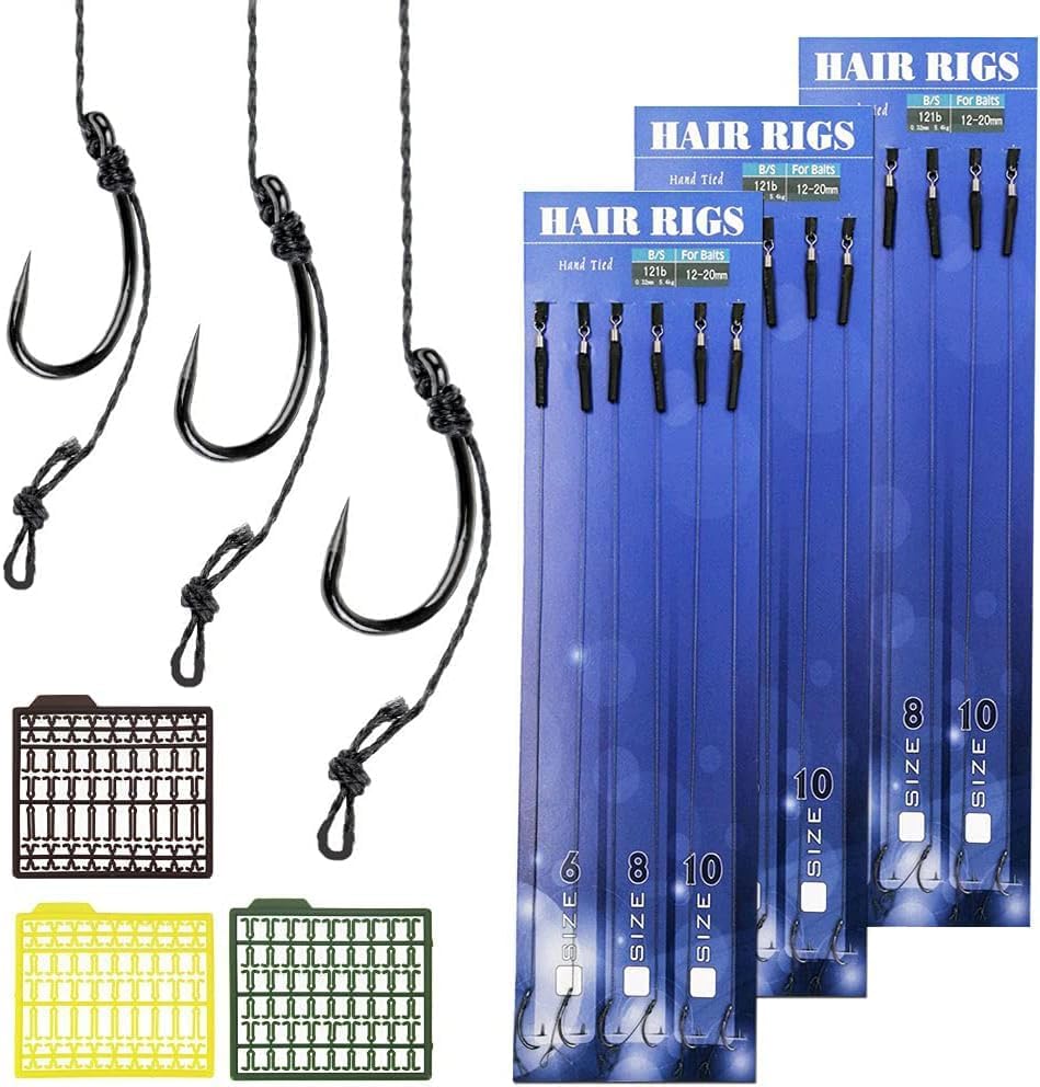 HEKOBAG 18 Pièces Hameçon de Pêche, Bas de Ligne Pêche Carpe Hameçons à Carpe Incurvée Hameçons à Carpe Incurvée Hameçon Tressé Carpe Accessoires avec Stoppeurs pour Pêche à Carpe (6# 8# 10#)