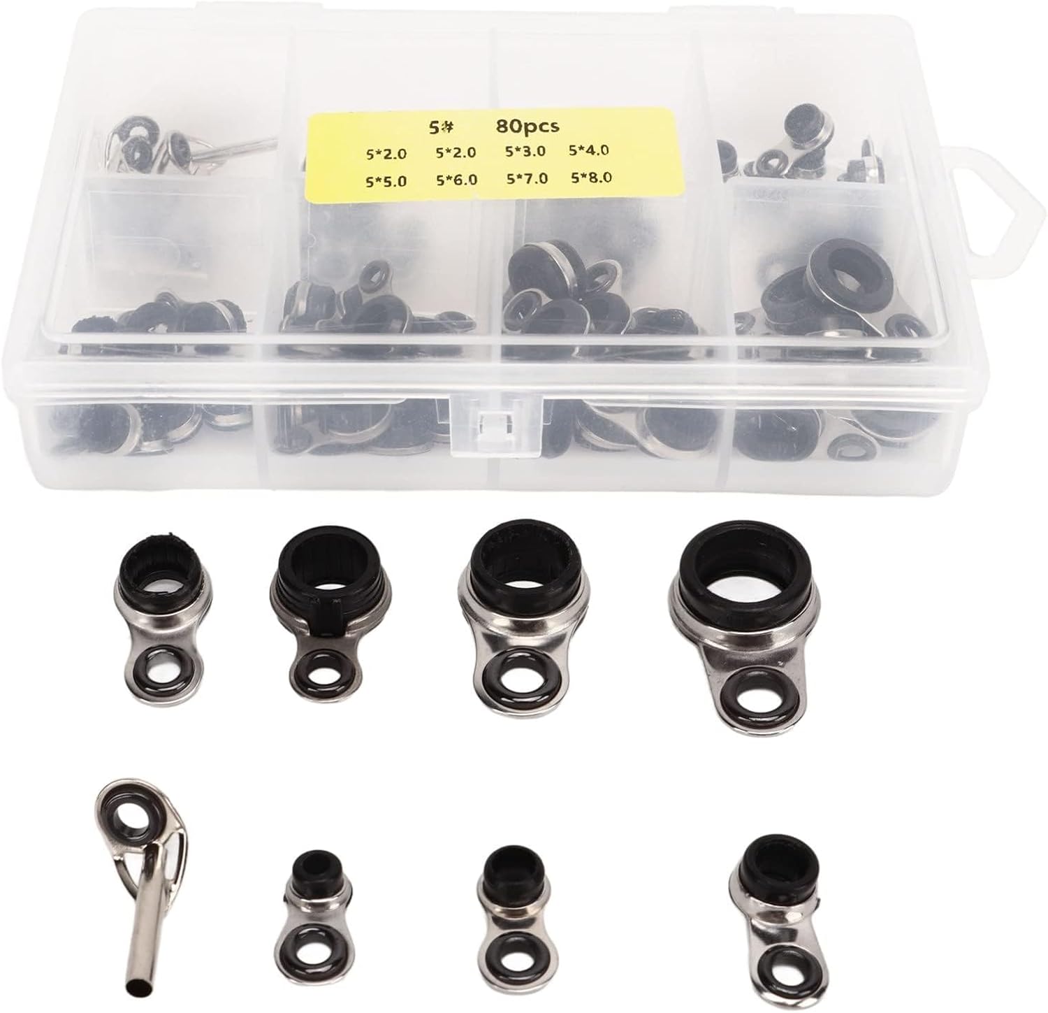 HERCHR 80PCS Ensemble D'anneaux de Guidage de Pêche, Kit de Réparation de Canne à Pêche en Acier Inoxydable de Taille Mixte Anneaux de Guidage en Céramique pour Pêche Eau Salée et Fraîche