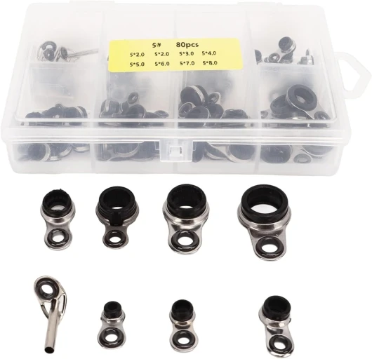 HERCHR 80PCS Ensemble D'anneaux de Guidage de Pêche, Kit de Réparation de Canne à Pêche en Acier Inoxydable de Taille Mixte Anneaux de Guidage en Céramique pour Pêche Eau Salée et Fraîche