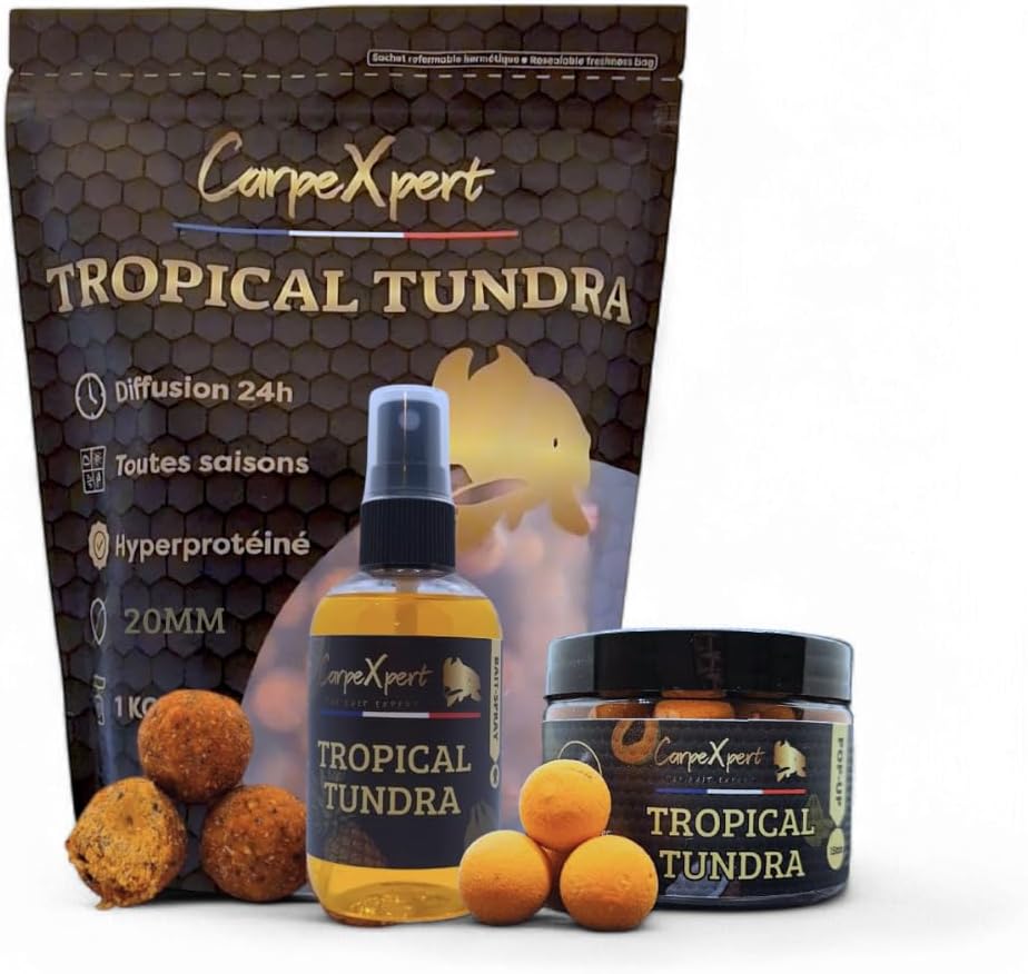 Gamme Tropical Tundra - Bouillette 20mm + Pop-Up + Bait-Spray - Fruité & Hyperprotéiné - Toutes Saisons - Appât pêche Carpe, Amorce Longue Durée, Attractant Puissant