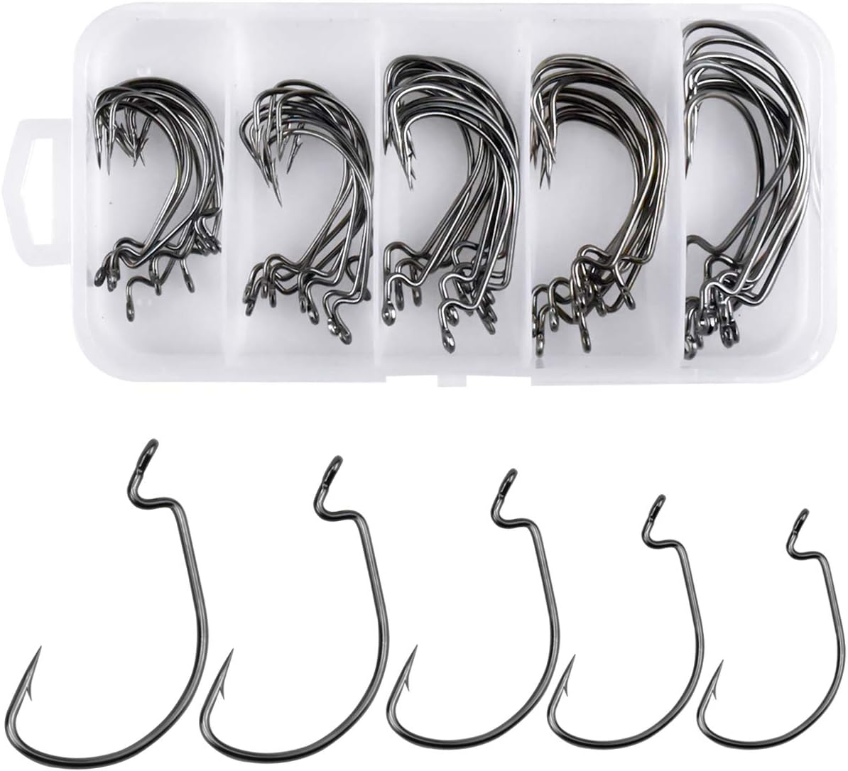 Jinlaili Hameçon de Pêche, 50 PCS Hameçons Barbelés en 5 Tailles 2# 1# 1/0# 2/0# 3/0#, Crochets de Pêche, Hameçon Mer, Hameçon à Carpe en Acier Carbone avec Boîte