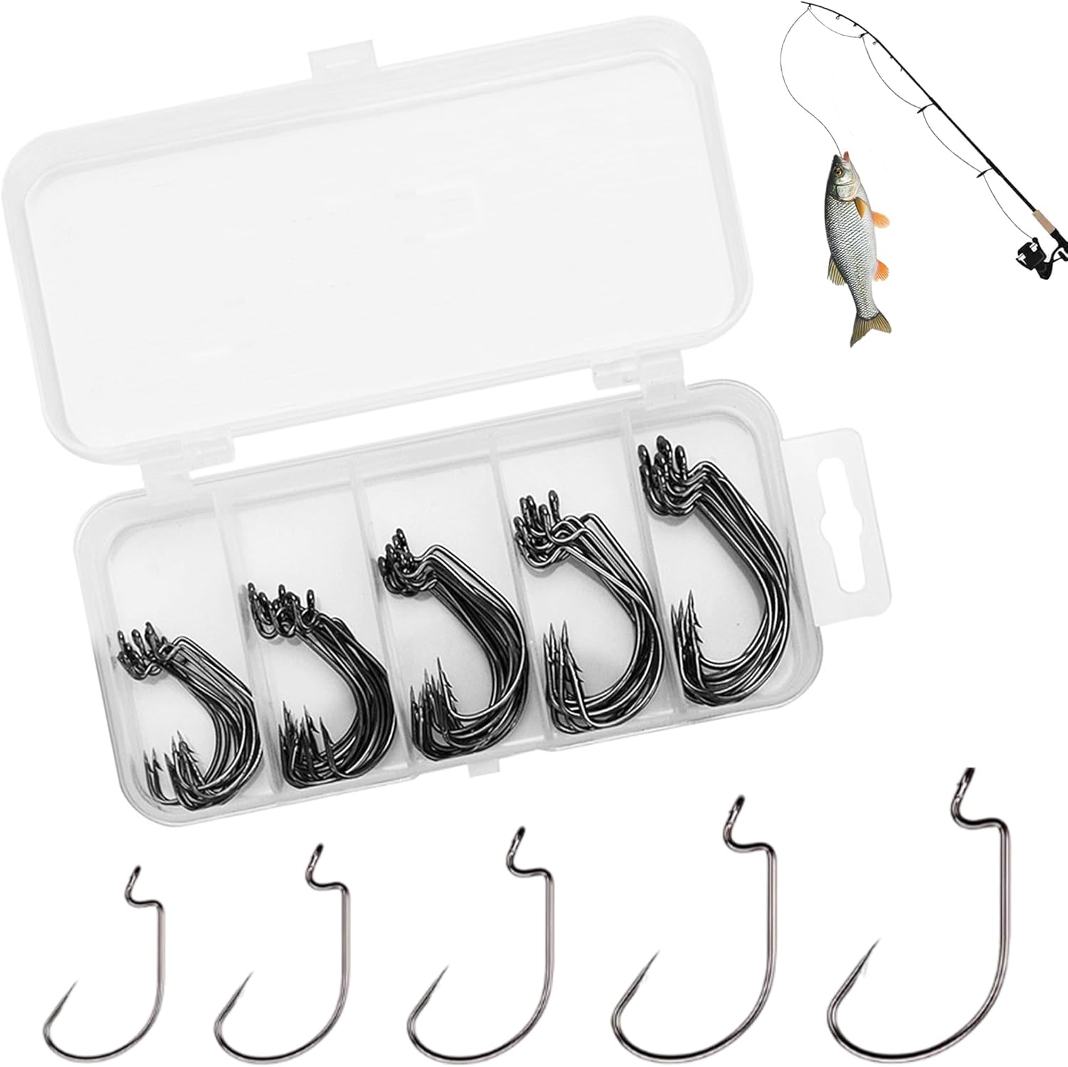 DXIA 50Pcs Boîte Hameçons, Acier à Haute Teneur en Carbone Crochets Décalés de Pêche Convient à Leurres Cuillères Offset Hooks, #2#1 1/0 2/0 3/0, avec la Vente au Détail Porte Boîte de Pêche Ensemble