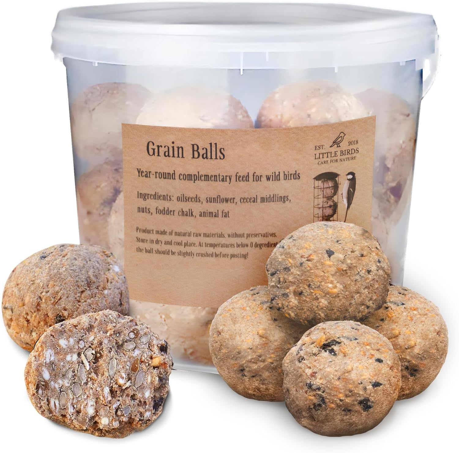 Little Birds Nourriture pour Oiseaux - Boulettes de Mésanges en Matières Premières Naturelles - Farine de Céréales, Noix, pour Oiseaux Sauvages - sans Conservateurs - 2,7kg 30x90g Sans filet