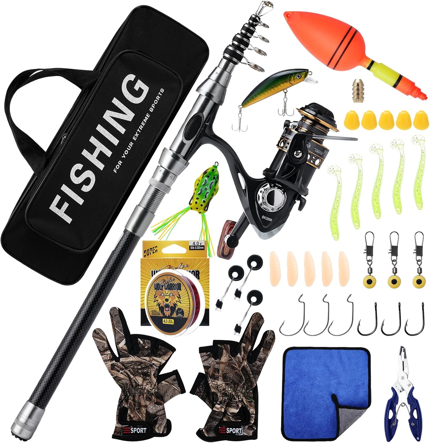 Geegear Canne à Pêche Télescopique avec Moulinet 2,1m - Kit de Canne à Pêche en Fibre de Carbone et Accessoires de Pêche avec Ligne, Leurres, Sac de Transport pour Pêche en Eau Douce ou Eau Salée