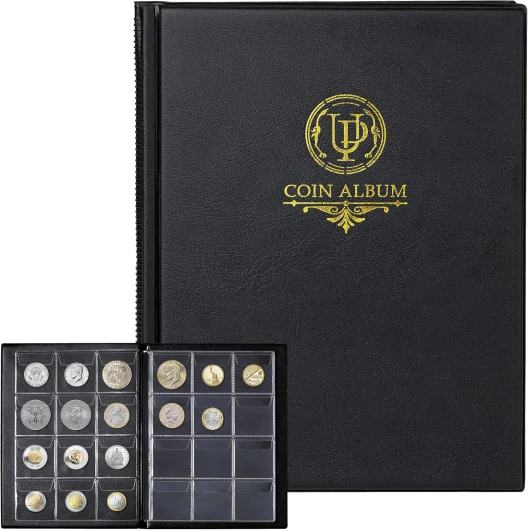 Uncle Paul Album de pièces de Monnaie 120 Pochettes – Livre de Collection de pièces de Monnaie avec 10 Pages, Support de Grille 45 x 43 mm pour Livres, Pence, Cents, Dollars, Nickel (Noir) CS48120BK