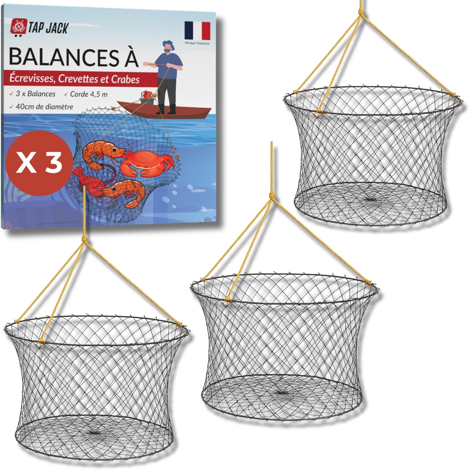 Lot De 3 Nasses À Écrevisses - Grand Diamètre 40 Cm - Corde 4,5m - Épingle À Appât – pour Pêche en Lac, Rivière Ou Étang – Filets De Capture D’écrevisses, Crabes Et Crevettes