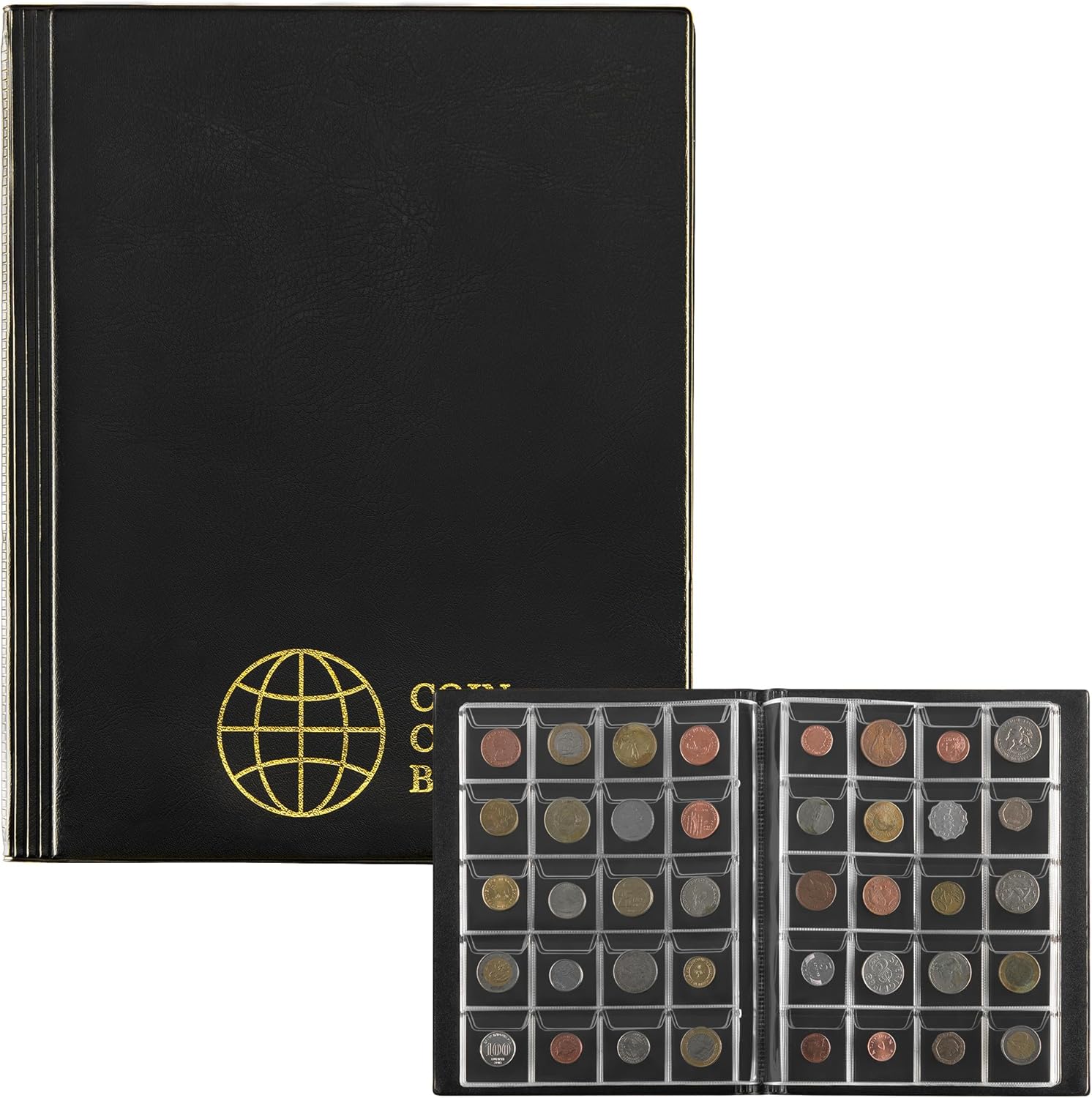 Albums de numismatique avec 200 poches - 10 feuilles, livre de collecte de pièces pour collectionneurs, support de stockage pour les pièces de pound, de penny, de cent et d'euro CS0220BKPRO Pochette 45 x 45 mm [200 pochettes au total] Noir Élégant