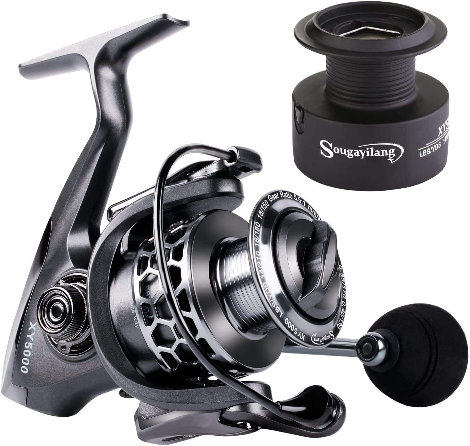 Sougayilang, Moulinet de pêche 13 + 1 roulements – Moulinet en Aluminium léger et Ultra Lisse avec Bobine de Rechange en Graphite supplémentaire