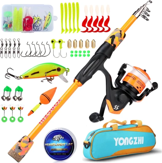 Canne à pêche pour Enfants Sougayilang, Canne à pêche télescopique Portable et Combo de Moulinet, avec leurres de Sac de pêche à la moulinette pour Filles et garçons Orange