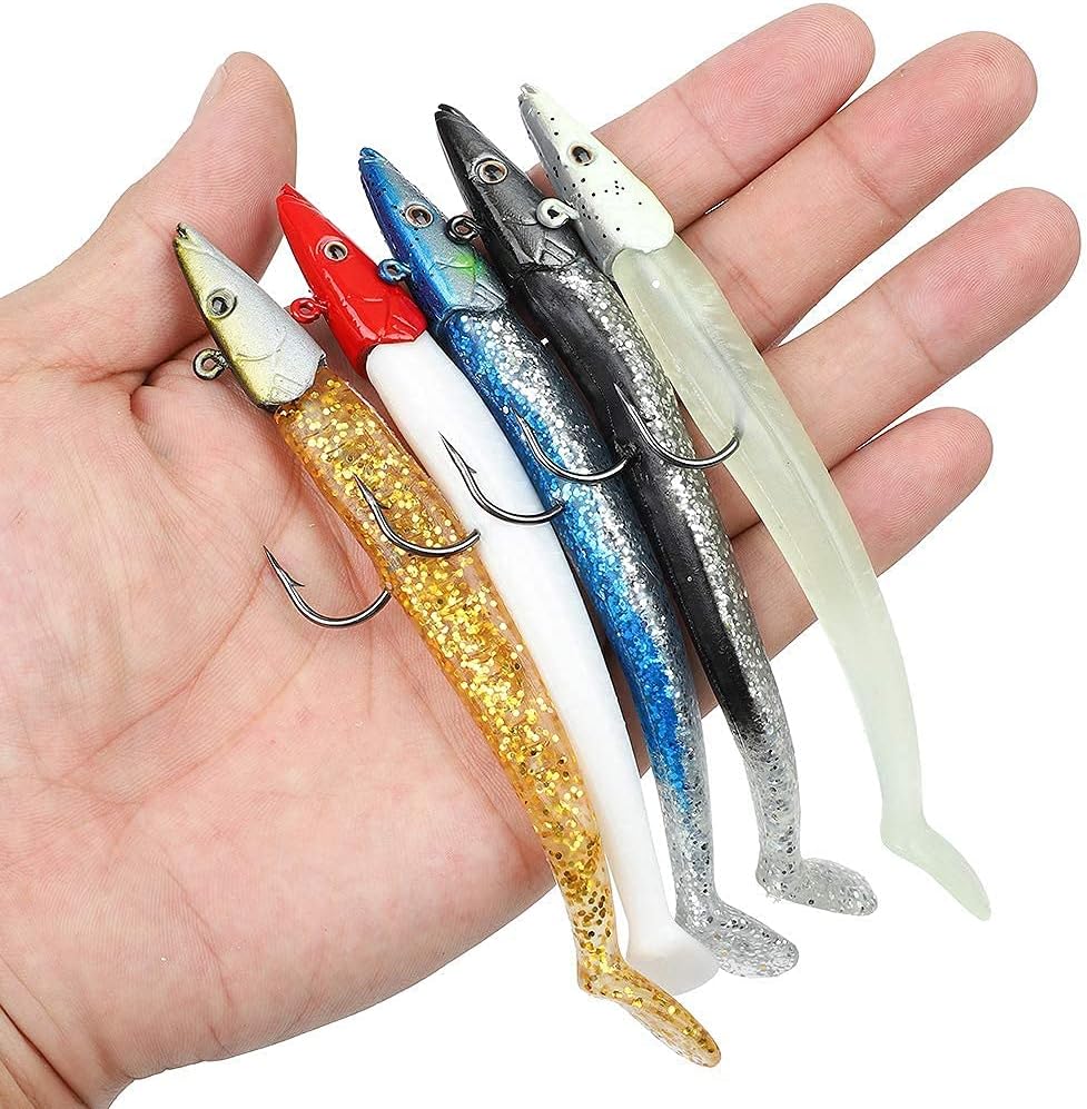 ANCLLO Appâts de pêche Souples avec hameçon à tête de Plomb, leurres de pêche en mer à la rhubarbe crème avec boîte (Lot de 5)