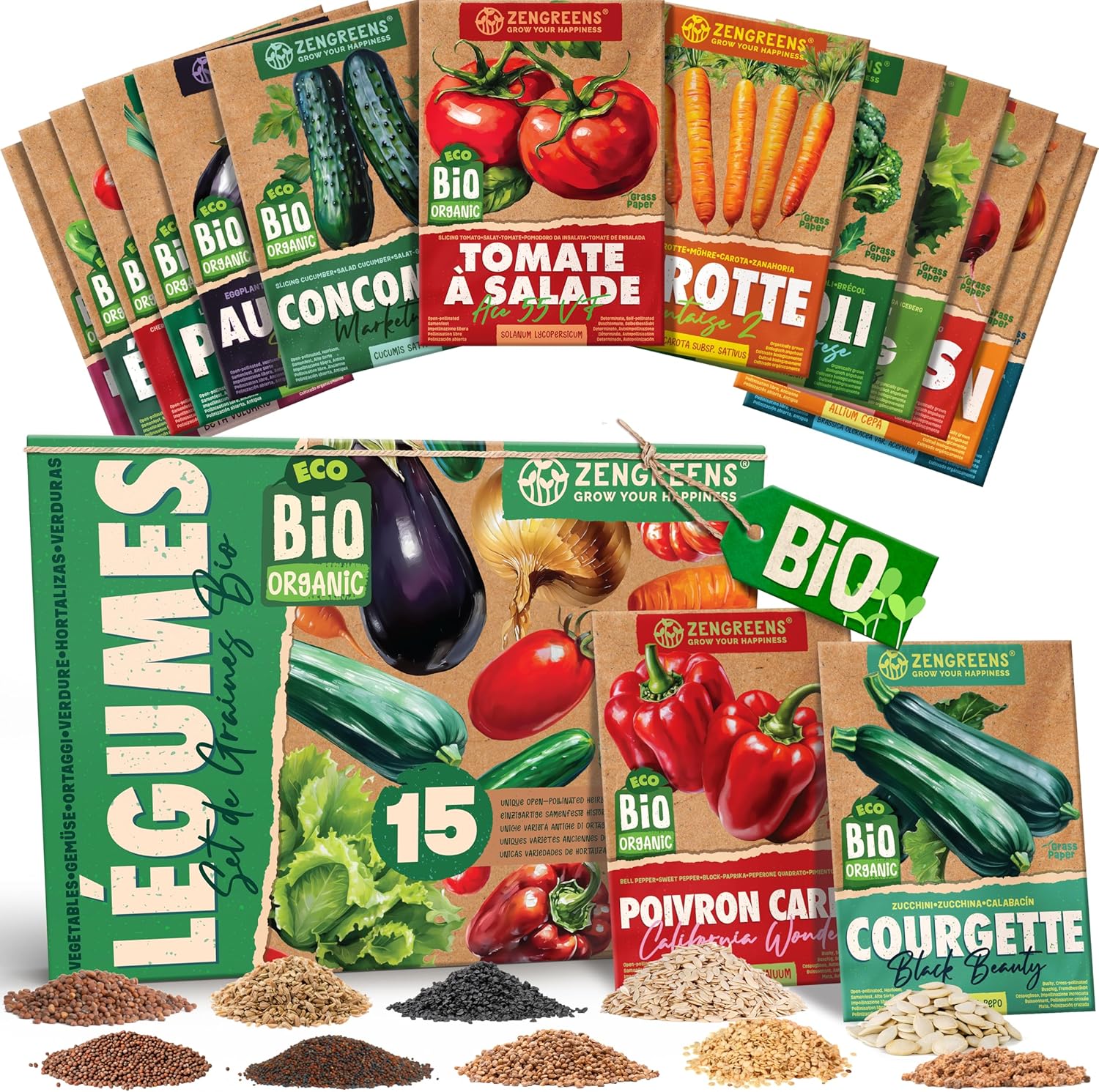 ZenGreens® - Kit de graines de légumes bio - 15 variétés pour une culture facile au jardin, sur le balcon ou dans une jardinière surélevée - Semences potagères 15x Légumes