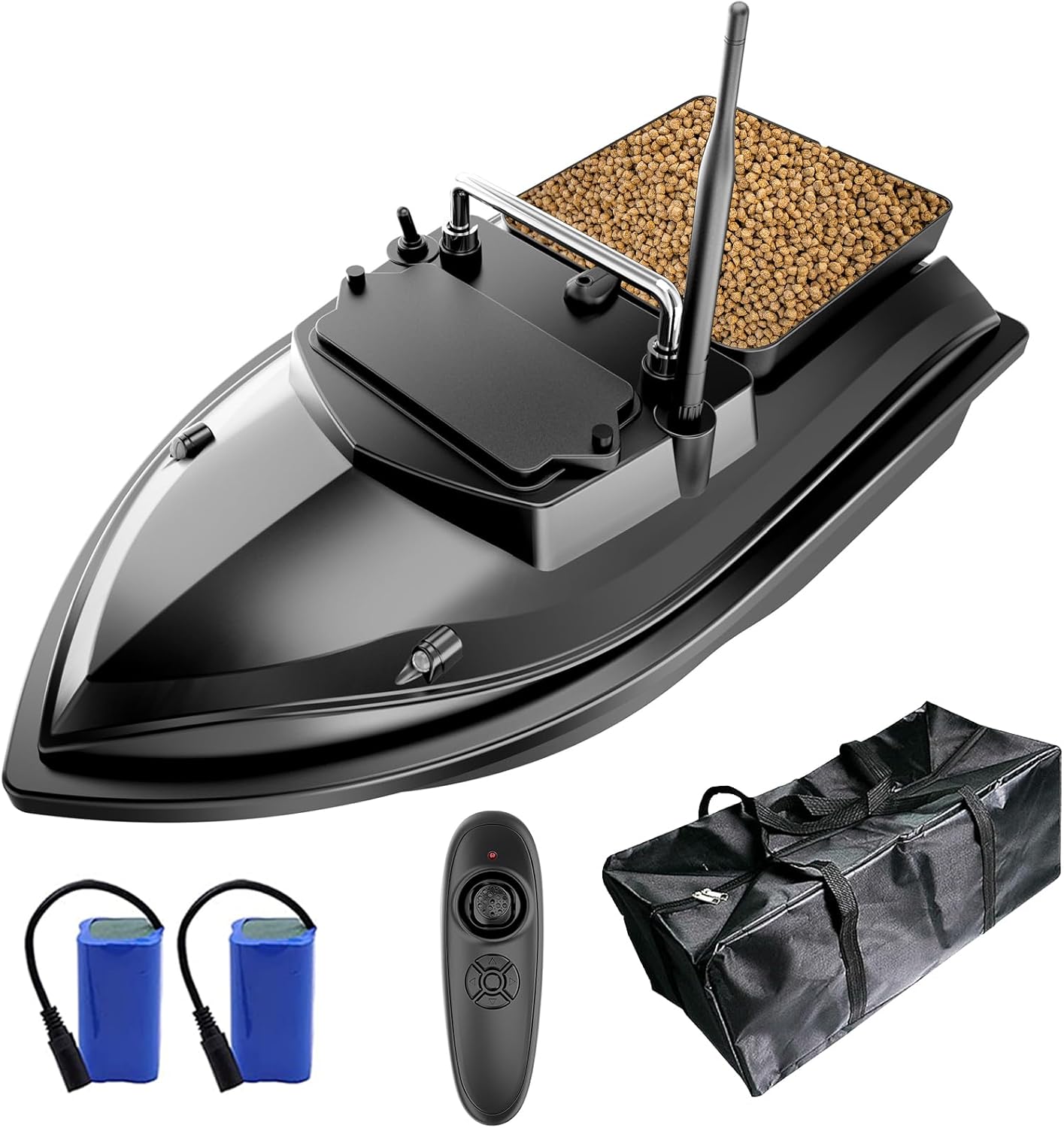 DYJD Bateau à appâts de pêche 500M RC Bateau à appâts de pêche 2KG Chargement avec Sac à Main Dispositif d'alimentation de Poisson (Noir)