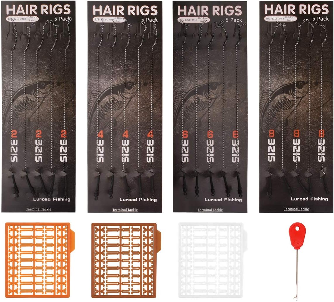 Luroad Montage de Cheveux pour la Pêche à la Carpe, 20 PCS Hameçons à Carpe Incurvés Barbelés, Hameçon Tressé Carpe Accessoires avec Boilie Rig Carpe Leader, 3 Bouchons Bouillette,Taille 2 4 6 8 Ardillon 4 paquets (taille 2468#)