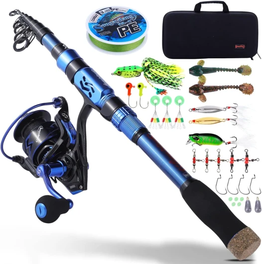 Sougayilang Ensemble Canne à pêche et Moulinet, Canne à pêche télescopique en Fibre de Carbone 12+1BB Moulinet avec Sac de Transport pour Eau salée et Eau Douce Blue-2.1m/6.89FT+3000 2.1m/6.89FT Rod+3000 Reel