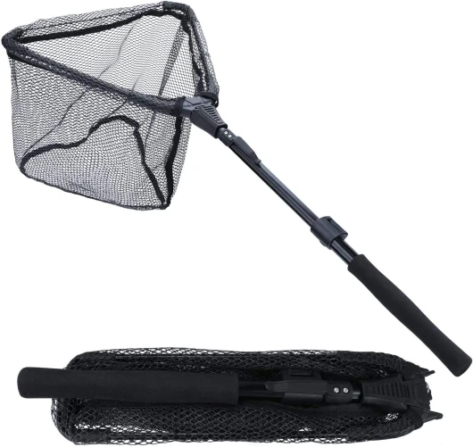 Sougayilang Épuisette de pêche - Poteau télescopique pliable et pliable - Maille en nylon durable - Pour attraper ou relâcher les poissons en toute sécurité Noir - Longueur étendue : 95 cm - Taille du cerceau : 40 cm
