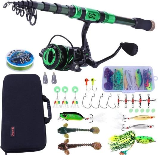 Sougayilang Ensemble Canne à pêche et Moulinet, Canne à pêche télescopique en Fibre de Carbone 12+1BB Moulinet avec Sac de Transport pour Eau salée et Eau Douce Green-2.4m/7.87FT+3000 2.4m/7.87FT Rod+3000 Reel