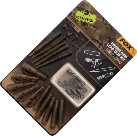 Fox Edges Camo Power Grip Lead Clip Kit de clips de plomb pour plomb à carpe, clips de sécurité, pour montage à la carpe, remorque et caoutchouc de queue