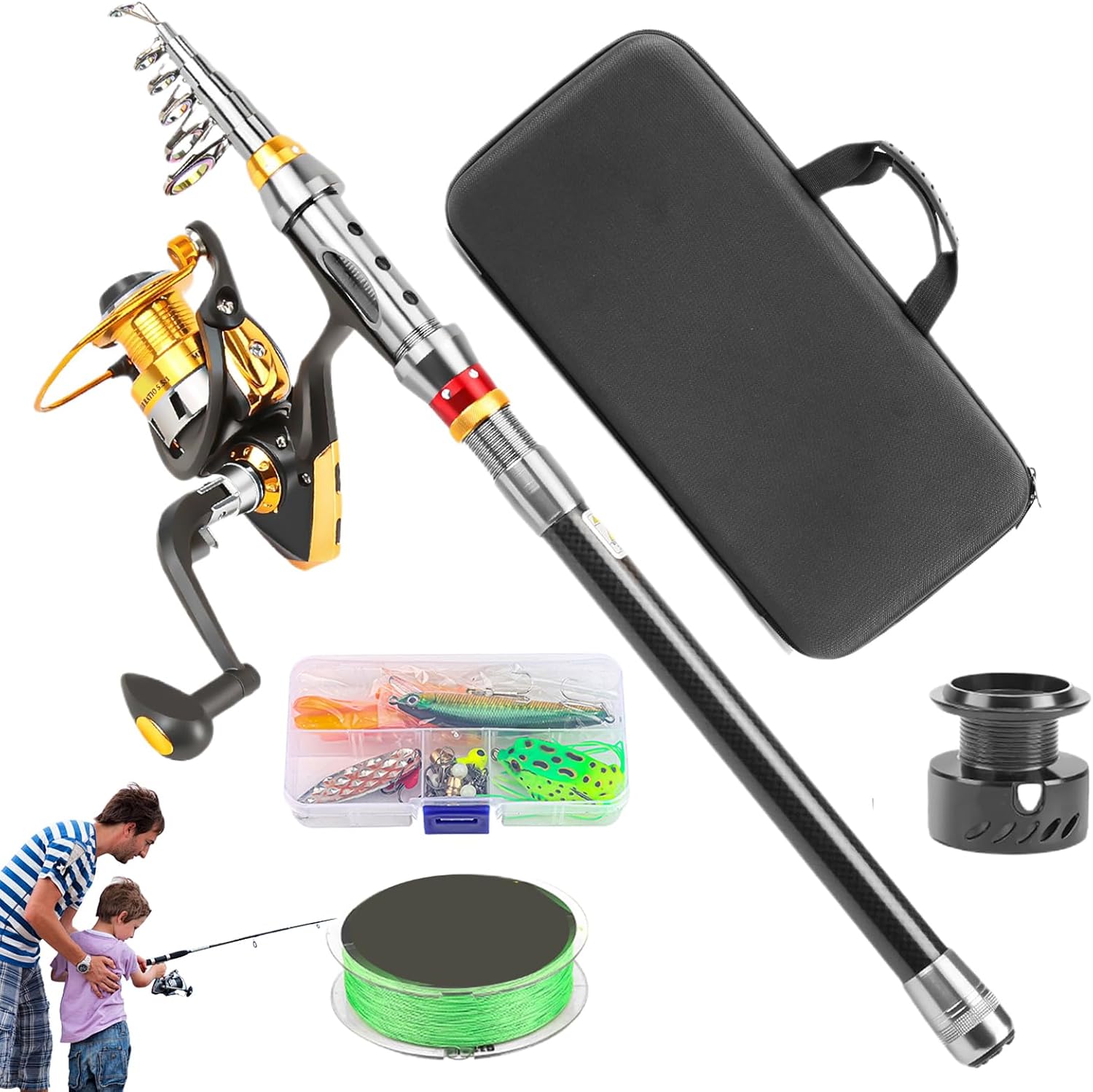 Duroecsain Canne À Pêche Et Moulinet Combo - Canne Télescopique Portable,Équipement Polyvalent pour Surfcasting, Truite, Randonnée, Lac, Bateau, Kayak, Ponton, Berges, Rivière et Camping