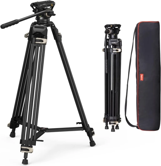 AD-01 Trépied Vidéo, Trépied en Alliage d'Aluminium de 73"/186cm avec Tête Fluide, Epandeur de Niveau et Plaque de Dégagement Rapide, Max Load de 17,6 LB/8 kg pour DSLR, Caméscope - 3751B