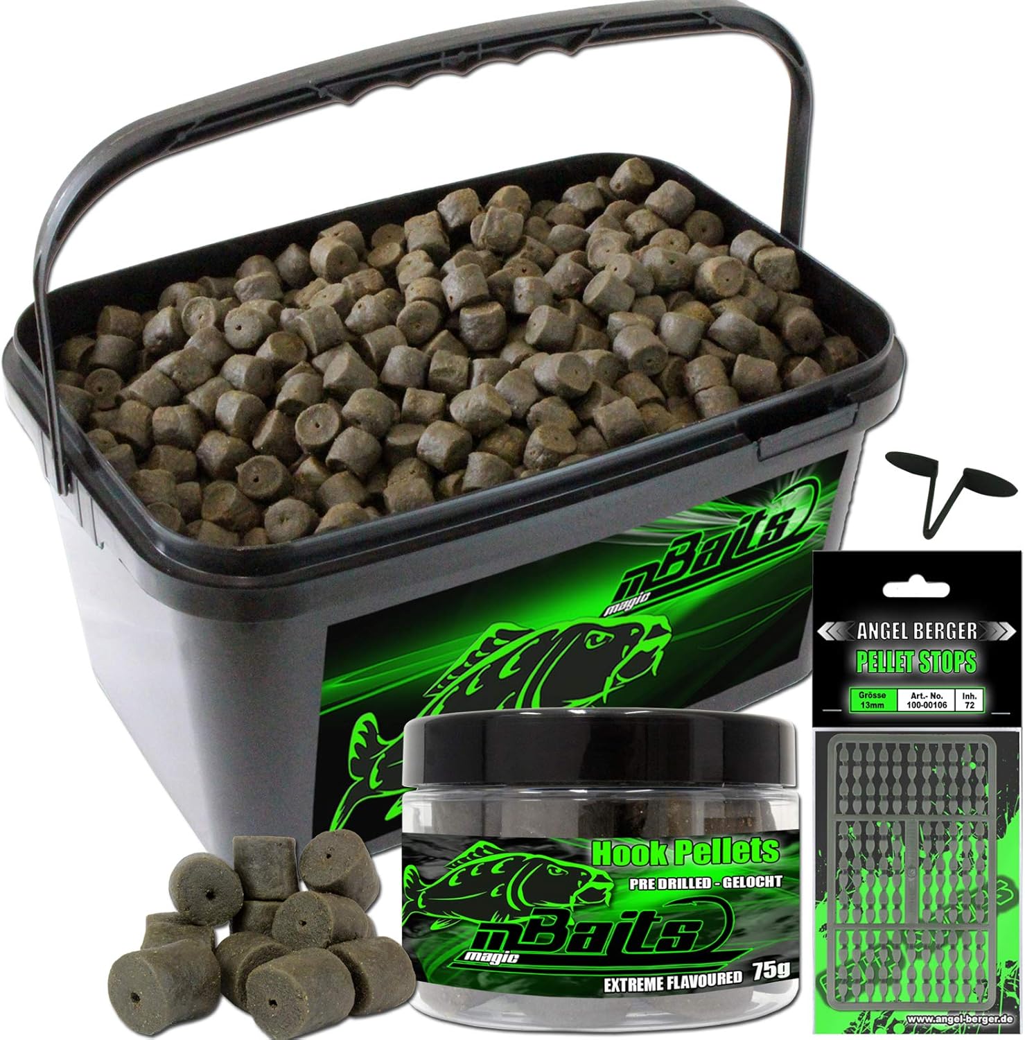 Angel-Berger Magic Baits Halibut Lot de granulés dans un seau Dark Halibut 14 mm