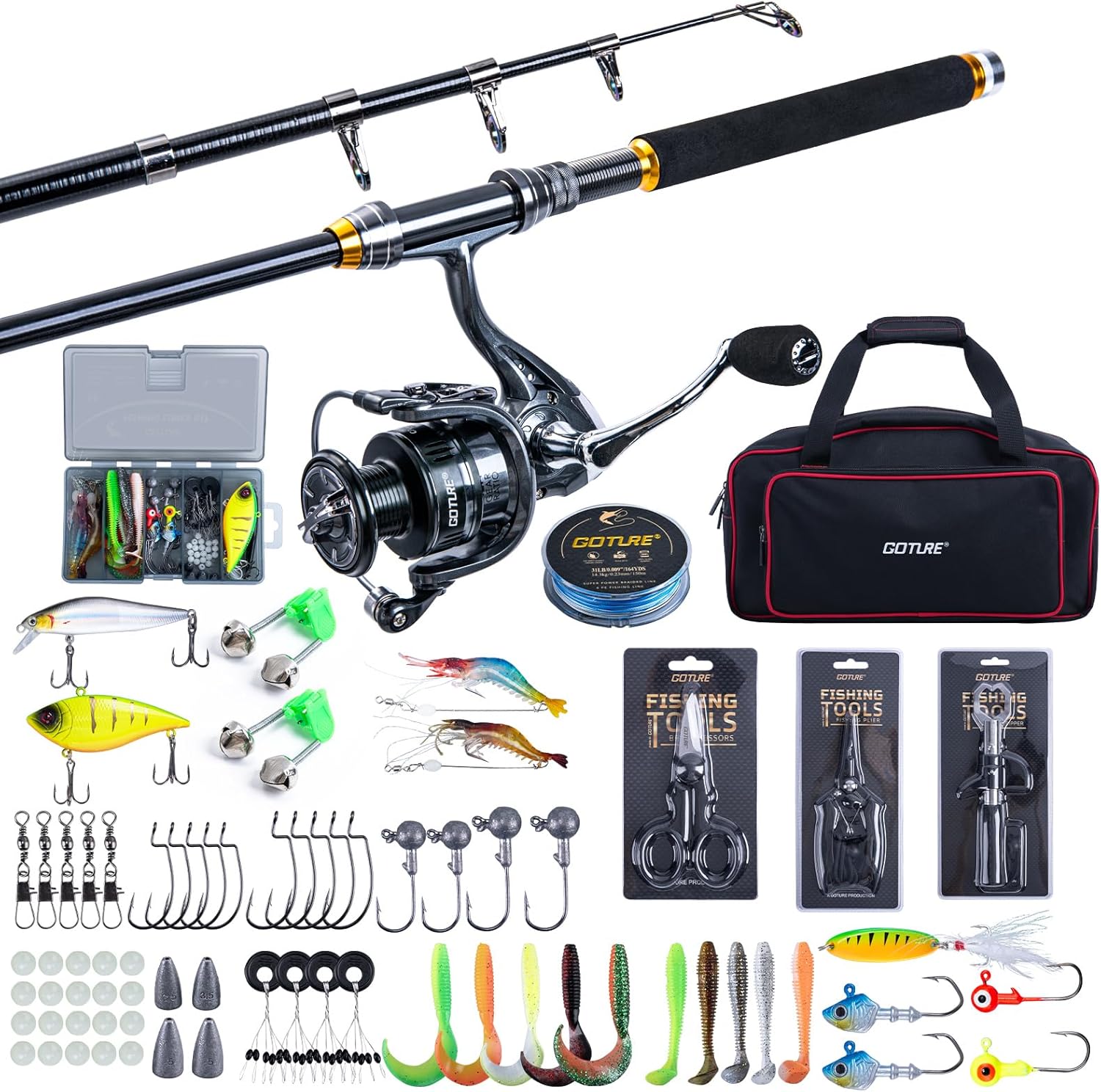 Ensemble de pêche avec Canne à pêche télescopique (Carbone 24T), 1,8 m/2,1 m/2,4 m/2,7 m - Ensemble Complet de d'outils de pêche et d'appâts avec Moulinet de pêche 5,2:1, Ligne 150 m/14 kg