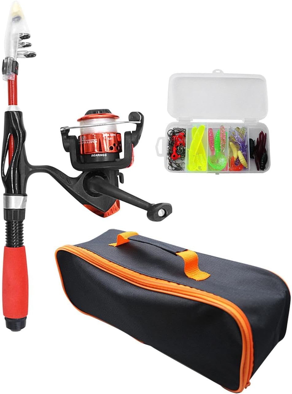 MagiDeal Canne à pêche pour Enfant de Voyage, Ensemble Complet de Canne à pêche pour Enfant avec leurres, Canne à pêche et Moulinet pour débutant, pêche en Rouge