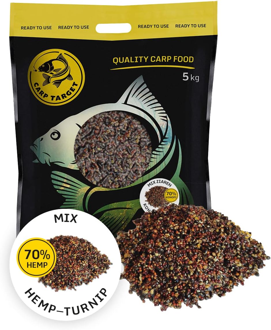 CARP TARGET - Amorce de pêche - Chanvre - Colza - mélange de Particules d'amorçage - Amorce Cuite pour carpes et amours - Grains prêts à l'emploi - Conditionnée sous Vide Chanvre - colza - 5 kg