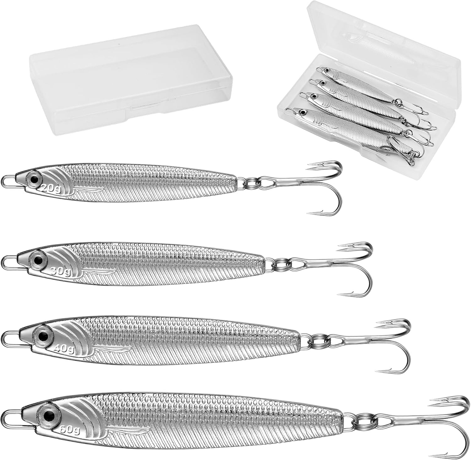 Annyswit 4 Pièces Leurres Métalliques pour la Pêche en Mer, avec Hameçons Triples Argent, Minnow Cuillère Leurres Brochet, Équipement de Pêche en Mer Jig Métalliques Pêche en Mer & Eau Douce