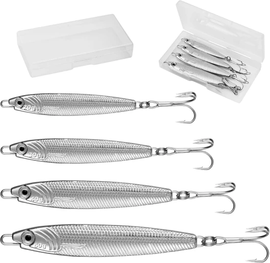 Annyswit 4 Pièces Leurres Métalliques pour la Pêche en Mer, avec Hameçons Triples Argent, Minnow Cuillère Leurres Brochet, Équipement de Pêche en Mer Jig Métalliques Pêche en Mer & Eau Douce
