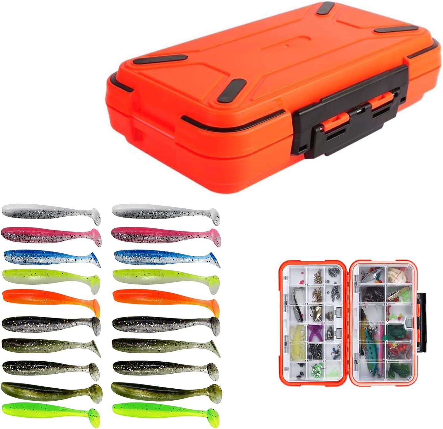Boîte Rangement Leurres Pêche,RoadLoo Boîte Pêche Etanche Boîte de Leurre Ajustables avec 30 Compartiments Boîte Peche avec 20 Leurres en Caoutchouc Petits Accessoires Pêche (Couleur orange)