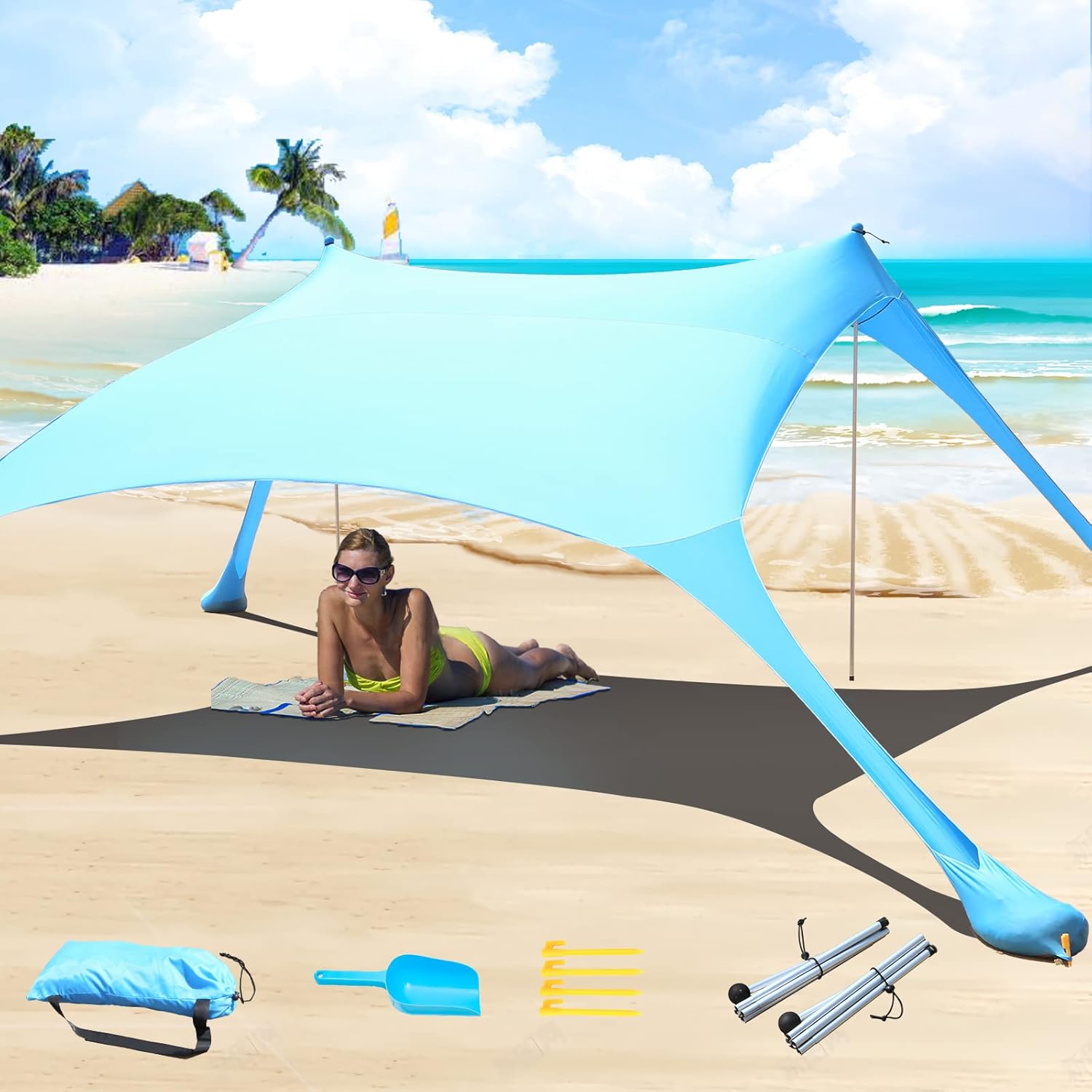 CUUPO Tente de plage de 20 m avec protection UV UPF50+, pare-soleil d'extérieur avec 2 poteaux pour camping, pêche, arrière-cour et pique-niques avec couverture de plage résistante au sable, bleu
