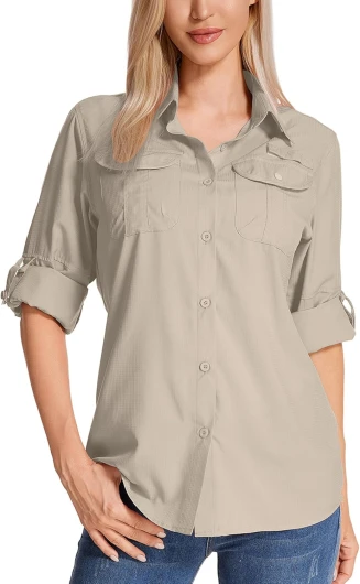 Jogwits Chemise pour Femme - Protection UPF 50+ Chemises et t-Shirts de randonnée Femme Vêtement Safari Manches Longues - Idéale pour randonnée, Trekking, pêche, Camping Kaki Clair S