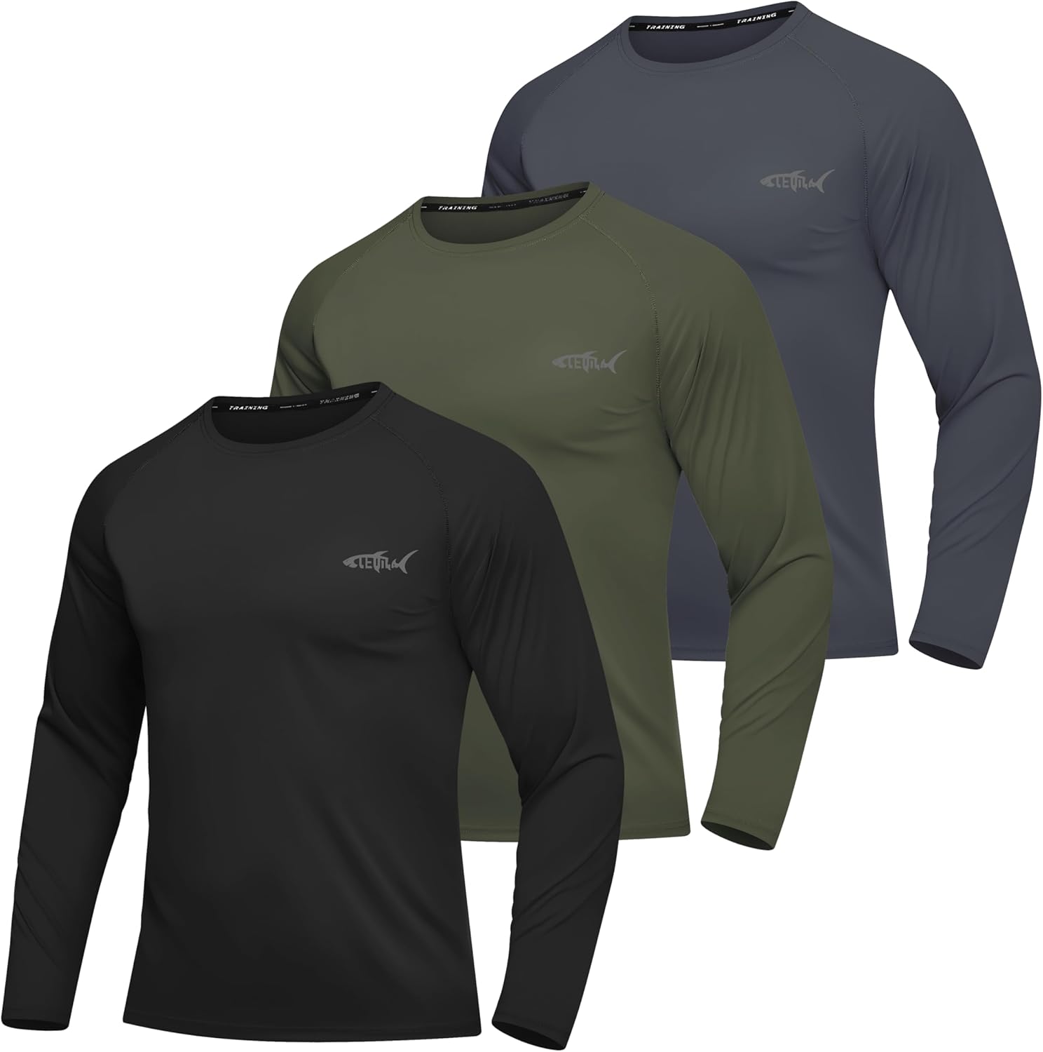 T-Shirts à Manches Longues Anti UV Homme T-Shirt de Sport Séchage Rapide Maillot de Bain Hauts T-Shirts de Pêche pour Hommes Noir+gris Foncé+vert Militaire L