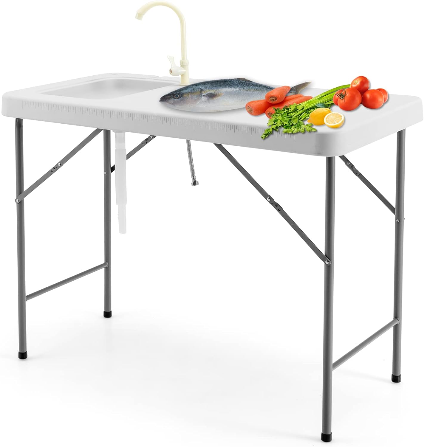 Table de Pêche avec Éviers, Robinet, Tuyau de Vidange, Table Pliante Portable pour Nettoyage de Poisson, en Acier &HDPE Ultra-Léger, pour Jardin Camping Pique-Nique Pêche 115 x 59 x 93,5 cm