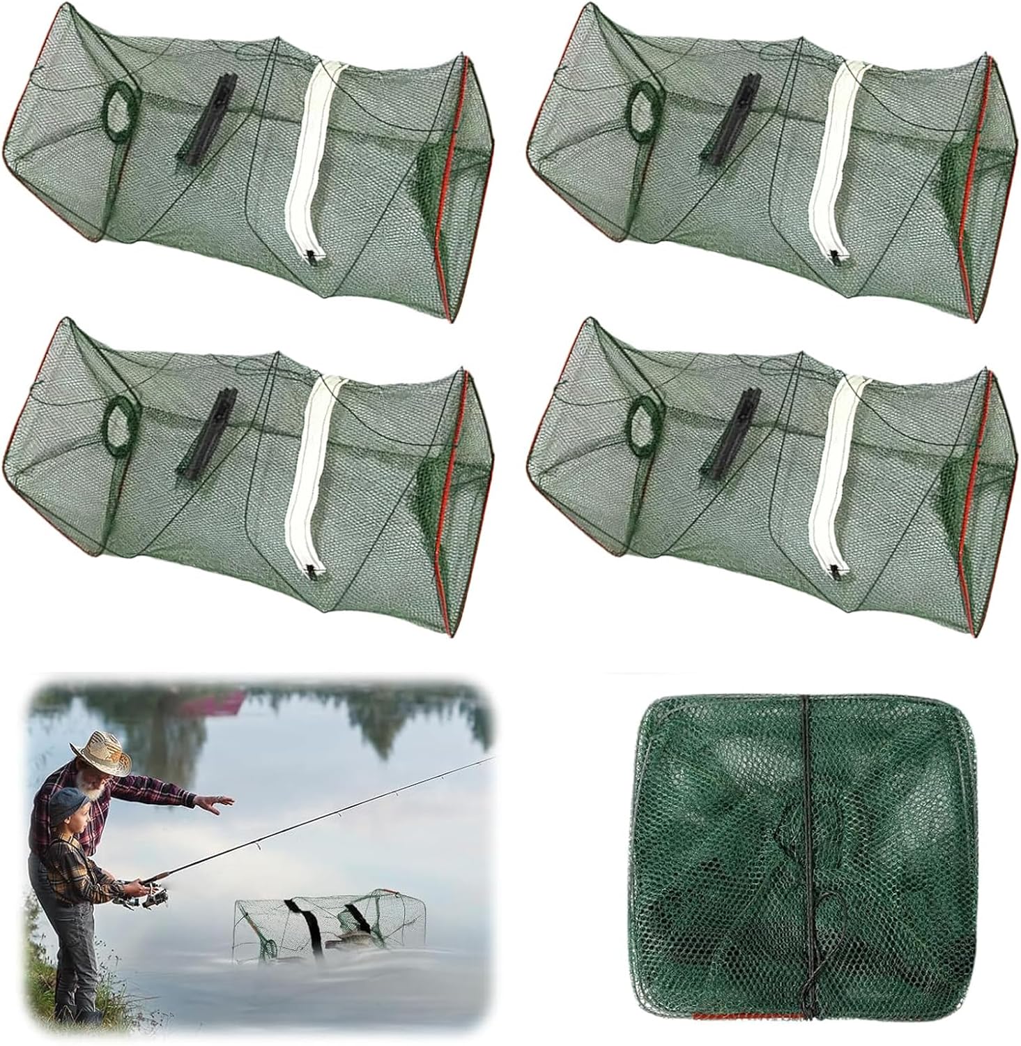 Jortmrd 4 Pièces Nasse a Poisson, 22 x 22 x 45cm Nasse a écrevisses Pliable avec Sac d'alimentation et Fermeture éclair, Epuisette Peche pour la Pêche Aux Sardines, Aux Crabes et Aux écrevisses