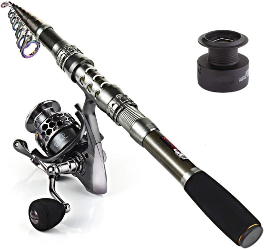 Sougayilang Canne à pêche télescopique avec Moulinet en Fibre de Carbone et Accessoires de pêche argent, noir, noir métallique Canne 1,8M + Moulinet XY2000
