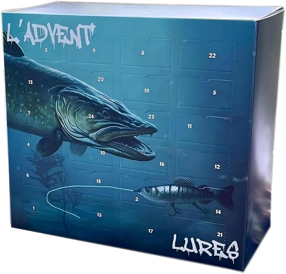 GRFFZX Boîte aveugle de pêche de Noël 2024, L'ADVENT'LURES 2024, 24 jours de leurres surprise, compte à rebours, ensemble de matériel de pêche, calendrier de l'Avent pour père, grand-père, frère Brochet