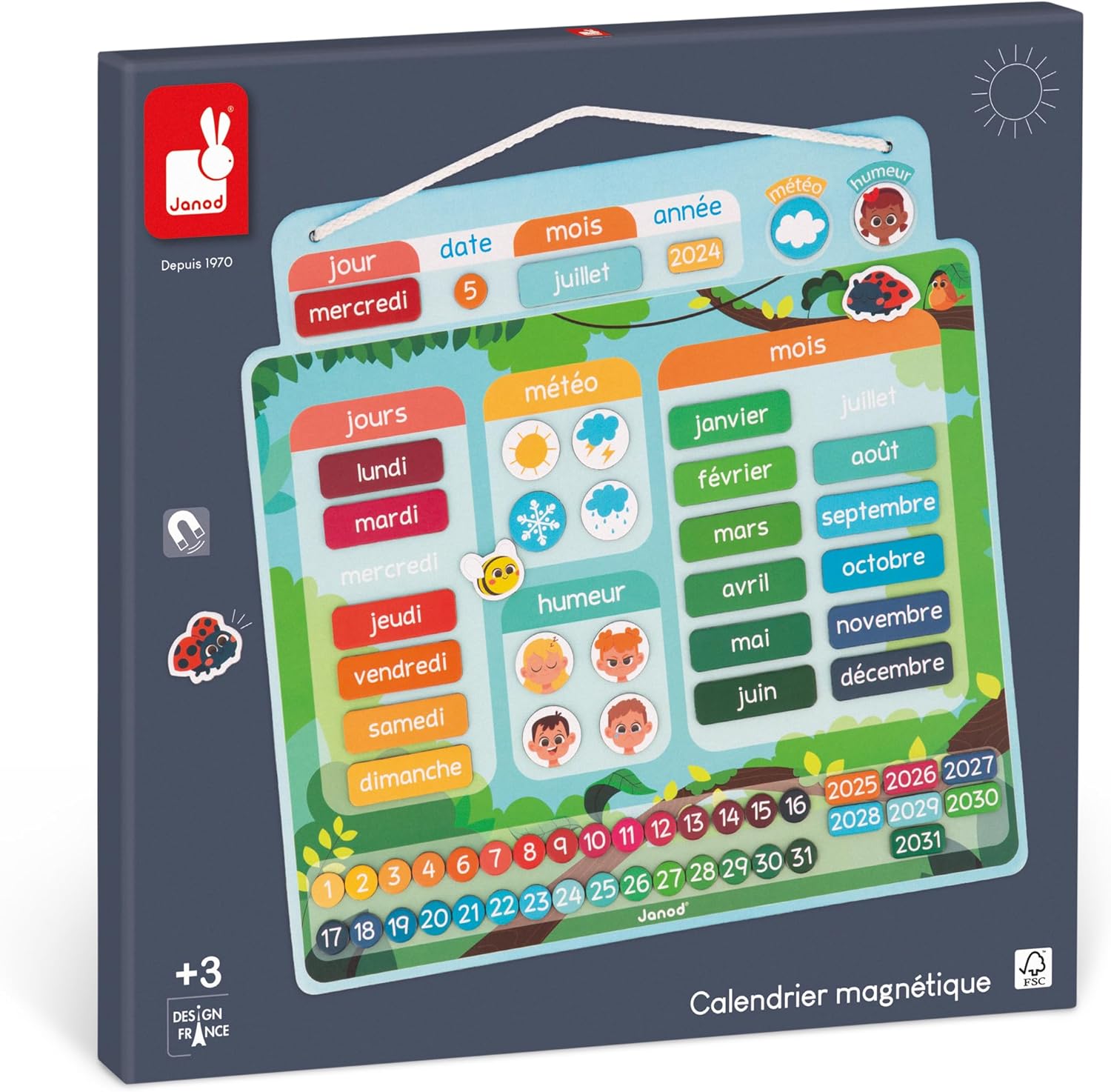 Calendrier Magnétique Version Française - 71 Magnets - Jeu Educatif - Mieux Appréhender la Notion du Temps et Gagner en Autonomie - Jouet en Carton FSC – Dès 3 Ans - J05466