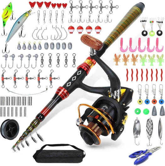 Kit de pêche 109 pièces, Canne à pêche télescopique en Fibre de Carbone, Combinaisons de Canne à pêche télescopique Portable et de Moulinet, avec Sac fourre-Tout Portable, de Variantes de leurres