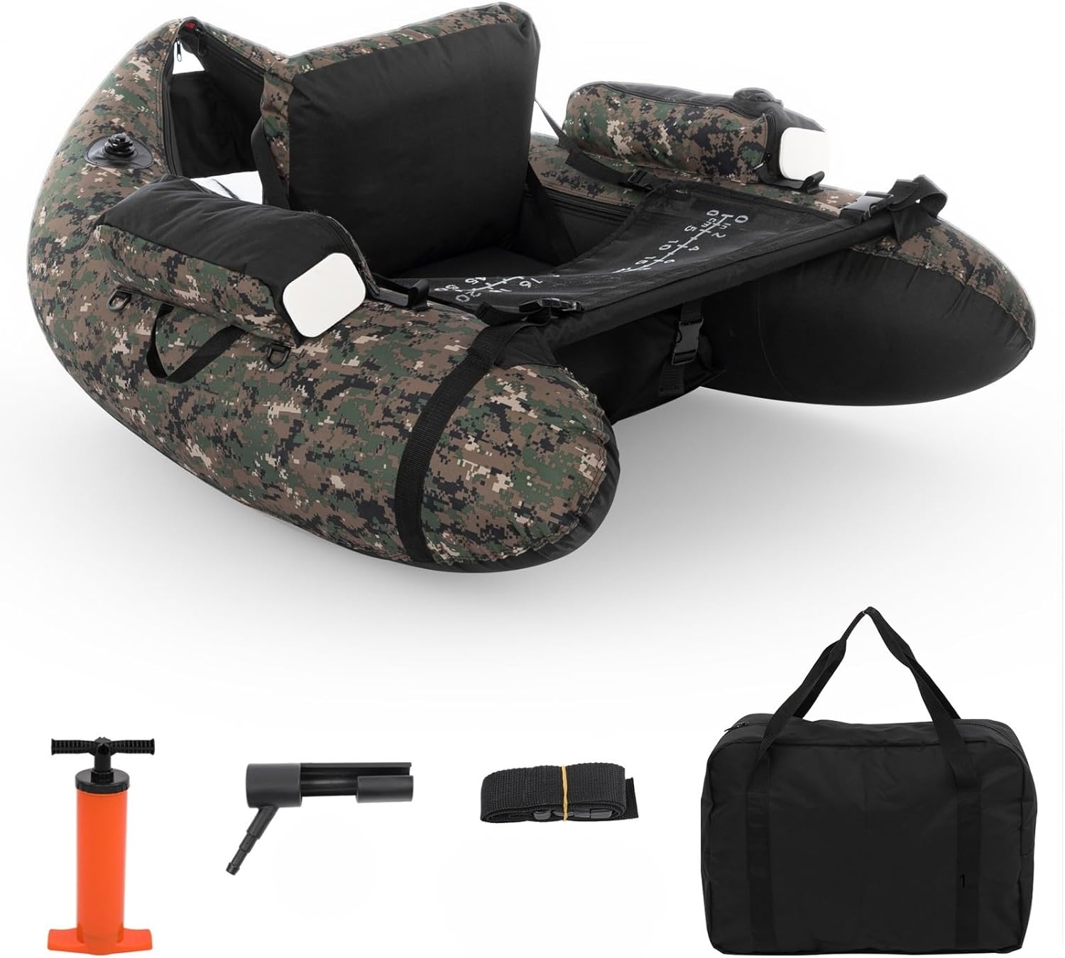 Bateau de Pêche Gonflable Camouflage, Float Tube avec Pompe, Support de Canne Peches, Sangles Réglables, Sac de Rangement, Capacité de Charge 150 kg