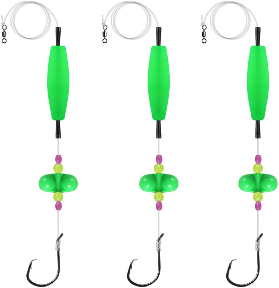 MiOYOOW Flotteur Pêche Catfish, 3 Pcs Flotteurs pour Poissons-Chats à Double Hochet, 6/0 8/0 Hameçons Circulaires, avec Force de Traction de 55Lb pour la Pêche au Poisson-Chat Vert 8/0