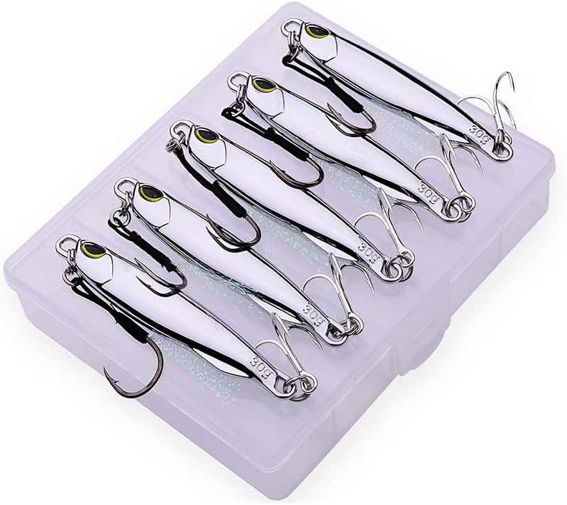 Leurres de Pêche au Maquereau Coulants, WASAGA 5 Pièces 10g/15g/20g/30g/40g Appâts de Poisson Spinner de Mer en Métal Dur Brillant avec Boîte de Rangement pour Leurre de Maquereau & Jigging de Perche