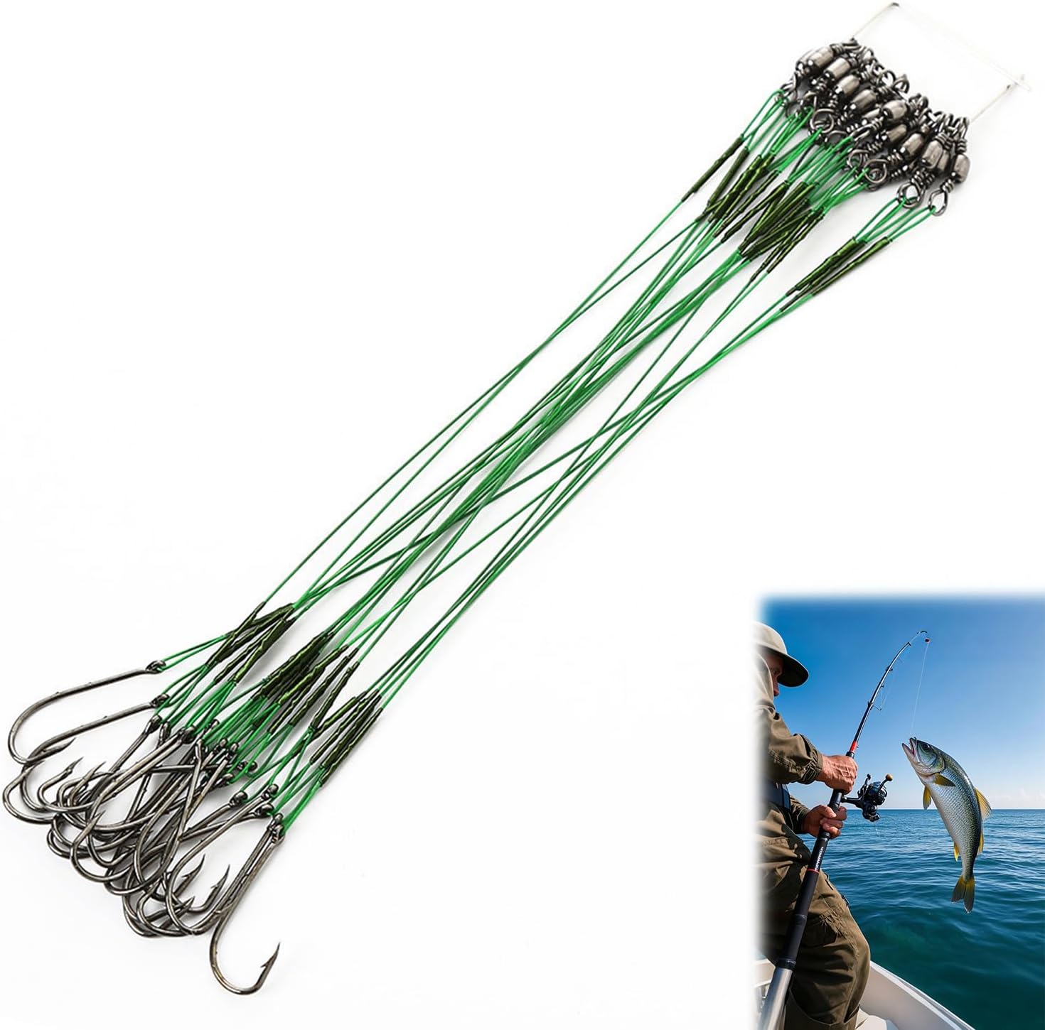 WUBAYI Lot de 20 hameçons de pêche avec bas de ligne (12 cm vert) – Bas de ligne en acier pour brochet et poisson prédateur, en acier au carbone résistant à la corrosion, ardillon pour eau douce/salée