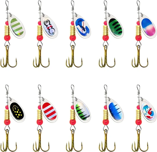 Luxvara Lot de 10 Leurre Peche, Leurres de Pêches en Métal, Cuillères à Paillettes avec Appât Dur, Appâts Spinner avec Boîte Transparente, Spinnerbait pour Brochet, Perche, Truite, Sandre