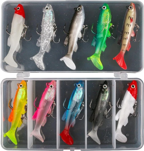 Pêche Leurres Souples 10 Pièces Leurre Peche Carnassier 8cm Leurre Peche Mer Carpe Brochet Truite Bar Plastique 3D Réaliste Leurres Souples Pêche Appâts avec T-Tail pour Amateur de Pêche