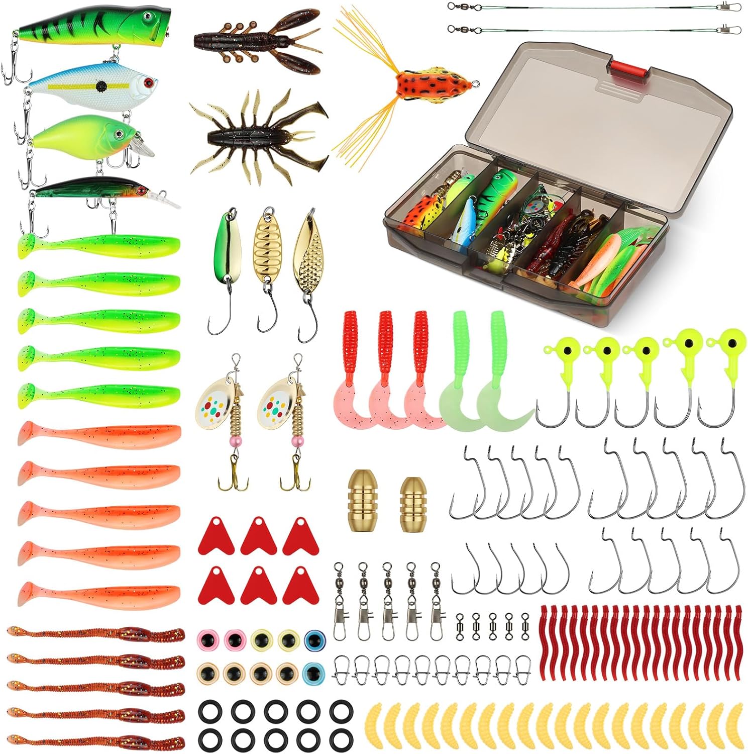 Vicloon Leurres de Pêche Kit, 147Pcs Appât Flottante Set Appât de Pêche, Plastique vers, Cadeau de Pêche, Leurres Durs, Leurres Souples, Paillettes, Emerillons, Souples Pêche Jigs Crochets