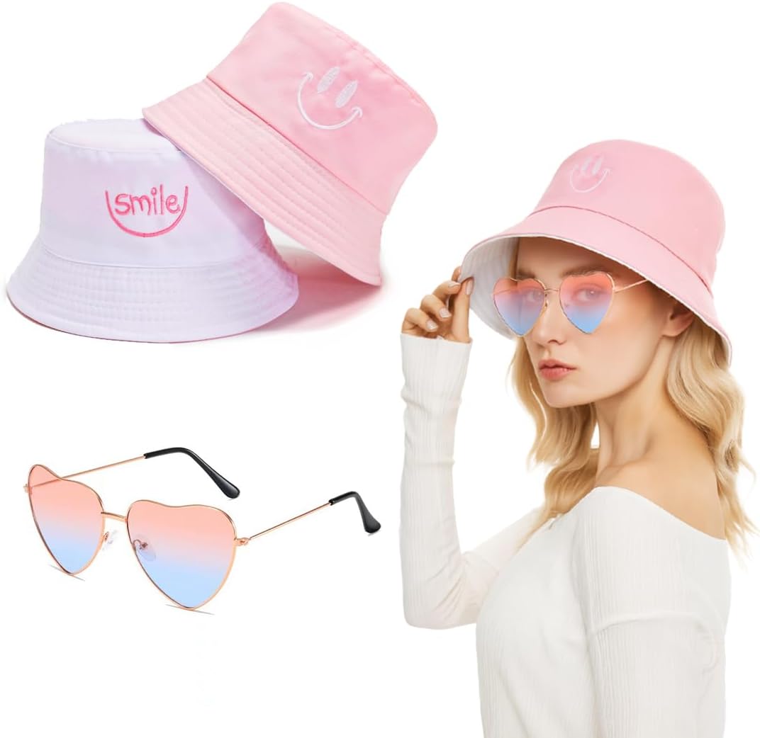 KEWUF 1 Pcs Chapeau de Seau Imperméable et 1 paire de lunettes de soleil, bob homme, chapeau homme pour Femme Homme Chapeau Safari Protection UV avec Ajustable Chapeau de Pêche Plage Randonnée