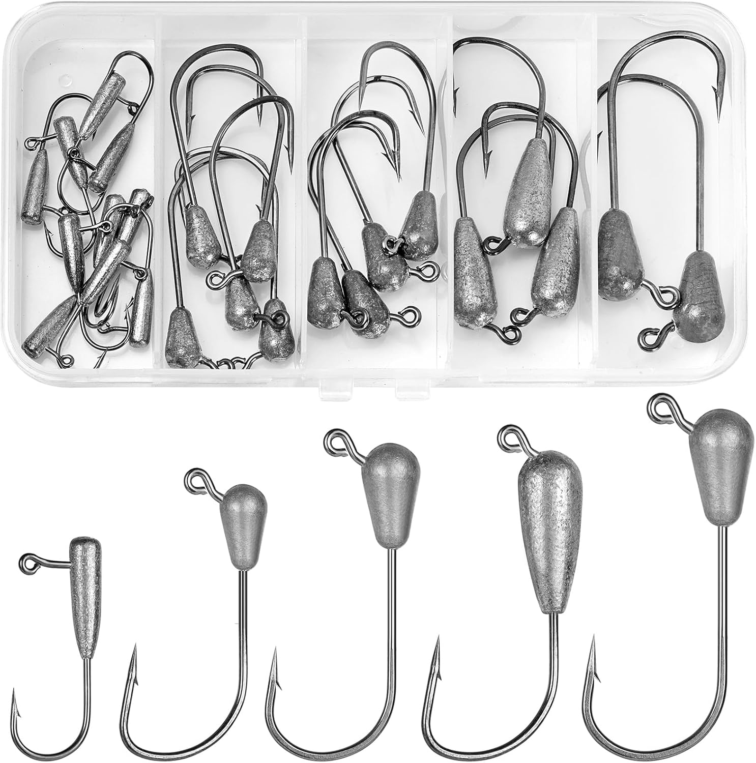 Annyswit 24 Pcs/5 Tailles Têtes Plombées Crochets Kit de Hameçons de Pêche, (9/6/4.5/3/1.5 g) Têtes de Jig Tubulaire avec Hameçons Petites de Plomb Petites Têtes Jig Set pour Leurres de Pêche Souples